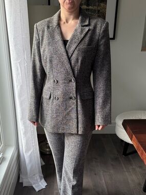 Something Navy Double-Breasted Tweed Blazer - Black, Gray